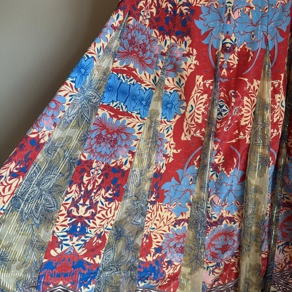 Anthropologie Hemant & Nandita Red Gold Blue Floral Louvre Maxi Skirt SZ L